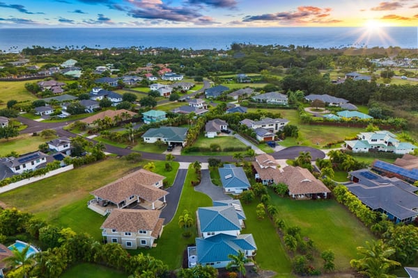 Aerial view of coastal residential neighborhood with spacious homes, manicured lawns, palm trees, and ocean horizon at sunset.